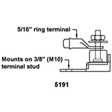 Installation diagram showing fuse block mounting on M10 terminal stud and connecting to ring terminal