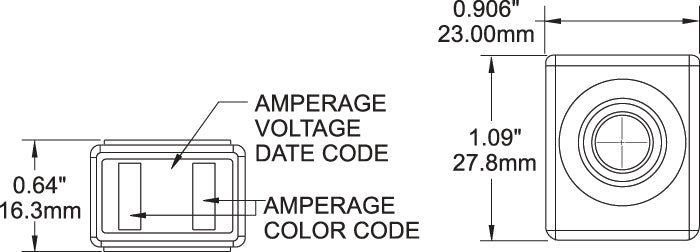 Technical dimensional drawing of MRBF fuse showing height, width and depth measurements