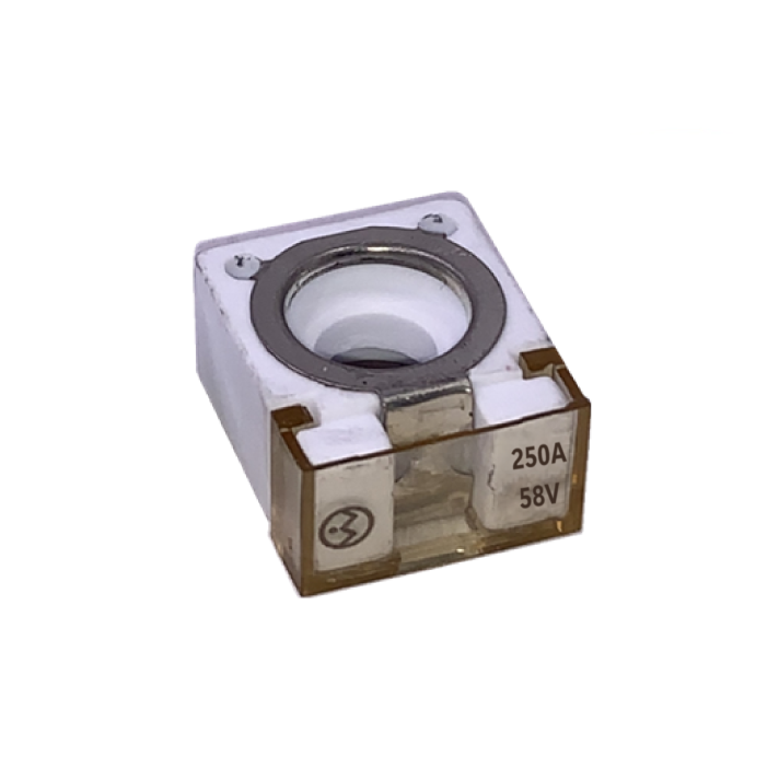 Exotronic 250A MRBF terminal fuse with white ceramic body and clear window showing 250A 58V text