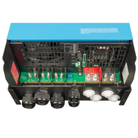 Top-down internal view of AC and DC connection terminals on MultiPlus-II 10kVA