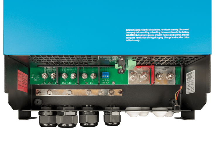 Internal connection bay showing M8 battery studs and AC wiring terminals