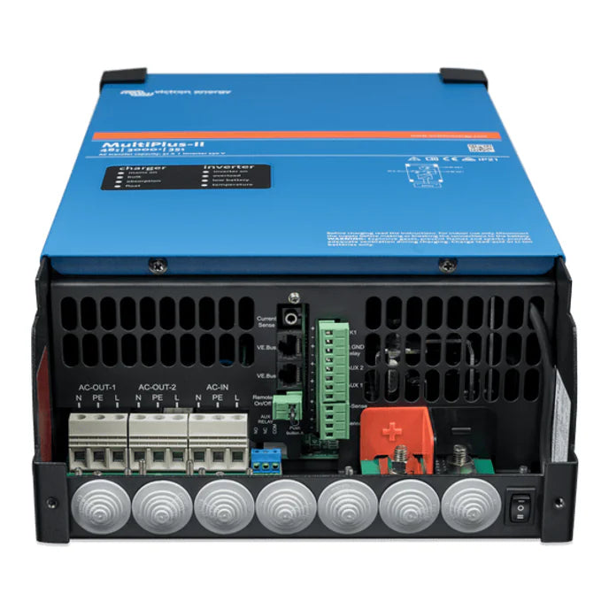 Bottom view of MultiPlus-II showing AC terminals, communication ports and battery bolts