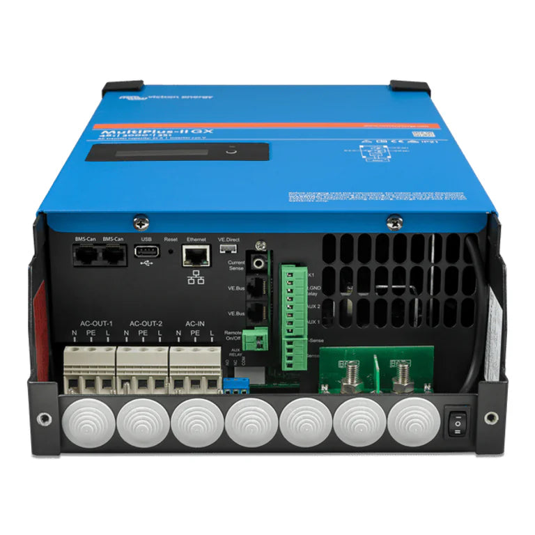 Internal connection panel of MultiPlus-II GX showing AC, DC and data terminals