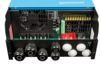 Internal view of MultiPlus-II connection area with AC terminals, DC bolts, and communication ports