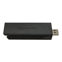 Side profile of black USB WiFi adapter showing ventilation and WPS button