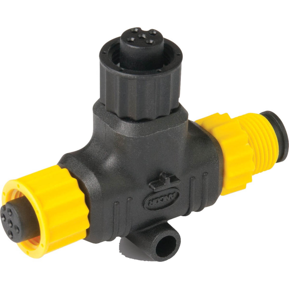 NMEA 2000 T connector with two female ports and one male port in black and yellow