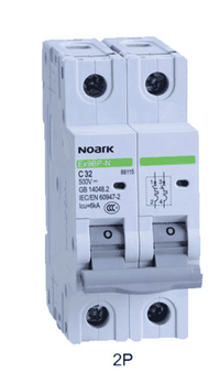 Angled view of Noark 2-pole non-polarised DC circuit breaker showing grey toggle switch and terminal screws
