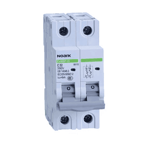 Angled view of Noark 2-pole DC solar circuit breaker showing grey toggles and terminals