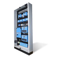 Open grey cabinet containing Victron Energy power components mounted on a black frame