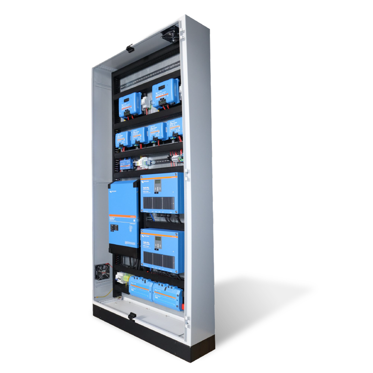 Open grey cabinet containing Victron Energy power components mounted on a black frame