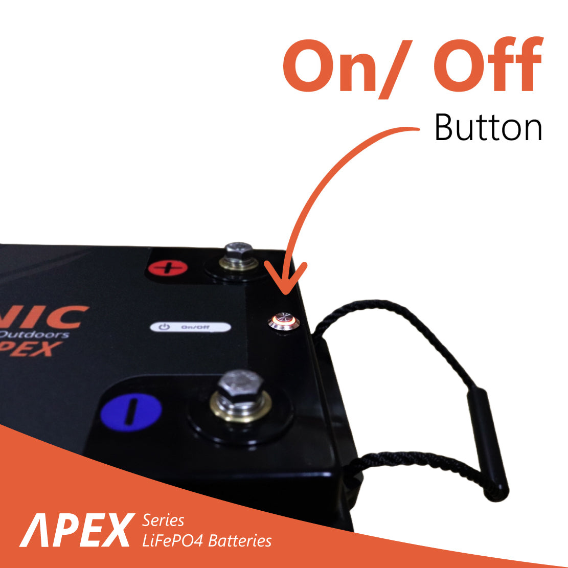 Close-up of top panel showing the illuminated On Off button situated between terminal posts