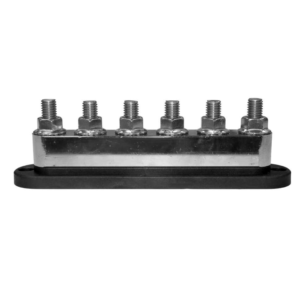 Side view of busbar with cover removed exposing heavy-duty M10 connection points