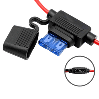 Open inline fuse holder showing blue blade fuse and terminal contact inset