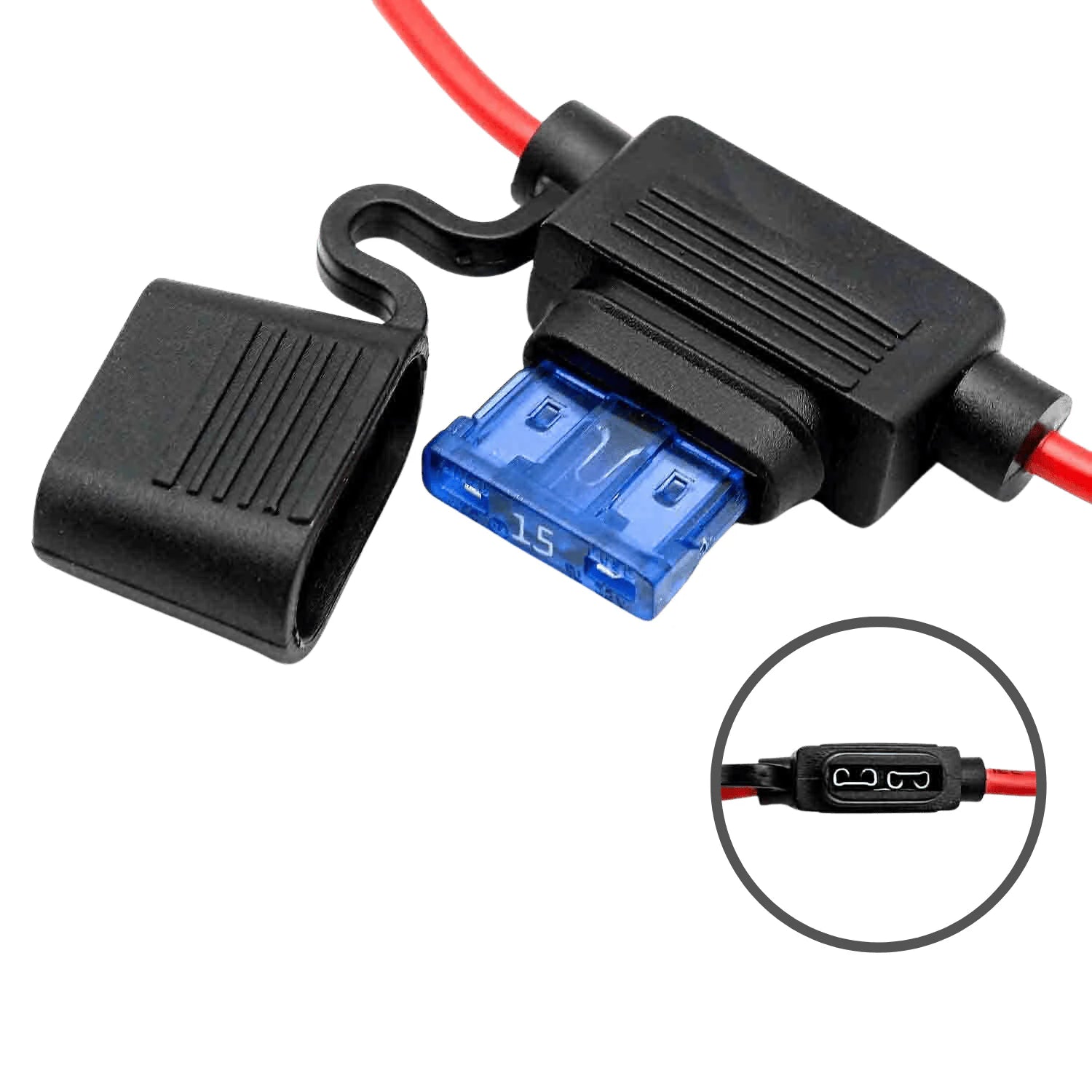 Open inline fuse holder showing blue blade fuse and terminal contact inset