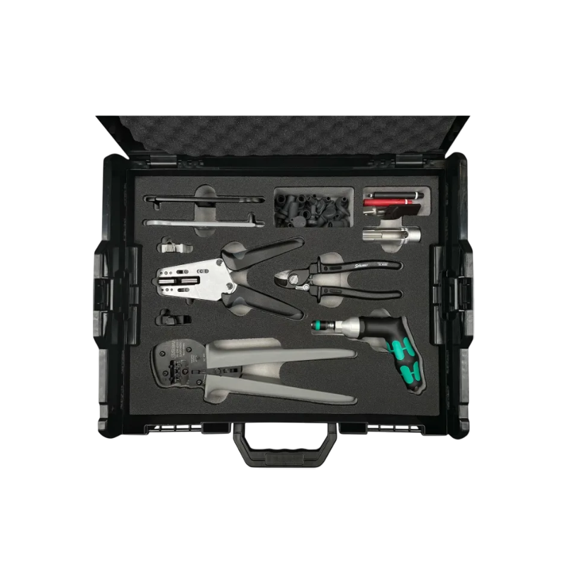 Open hard carry case displaying organized MC4 solar installation tools