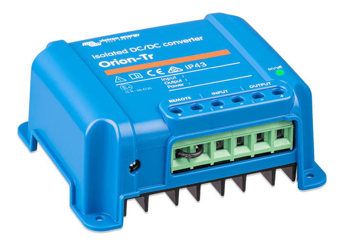 Angled view of the IP43 rated blue housing of the Victron DC-DC converter
