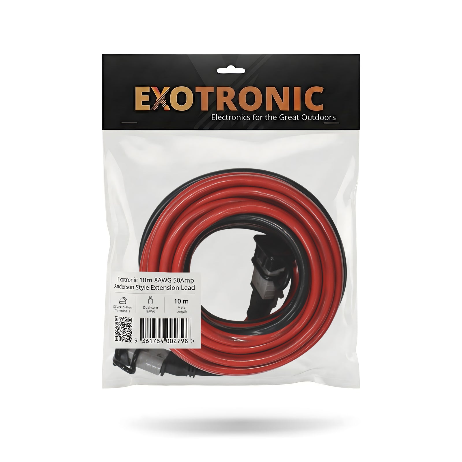 Exotronic extension lead in retail packaging with specification label and header card