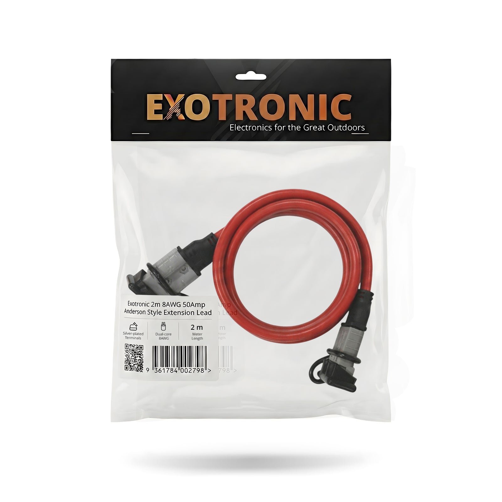 Packaged Exotronic 2m 8AWG extension lead in clear bag with header card and spec label