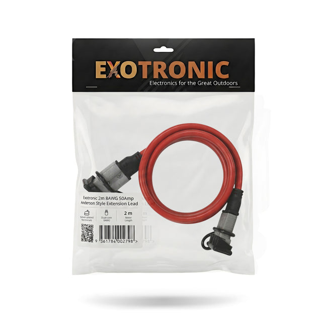 Packaged Exotronic 2m 8AWG extension lead in clear bag with header card and spec label