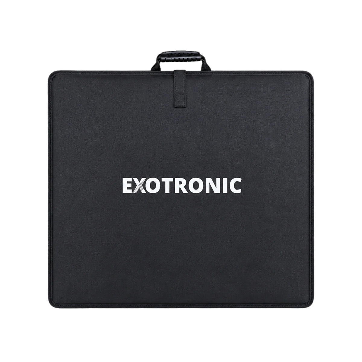 Front view of the black Exotronic branded padded carry bag for the 200W solar panel