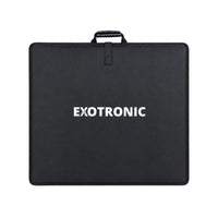 Front view of the black Exotronic branded padded carry bag for the 200W solar panel