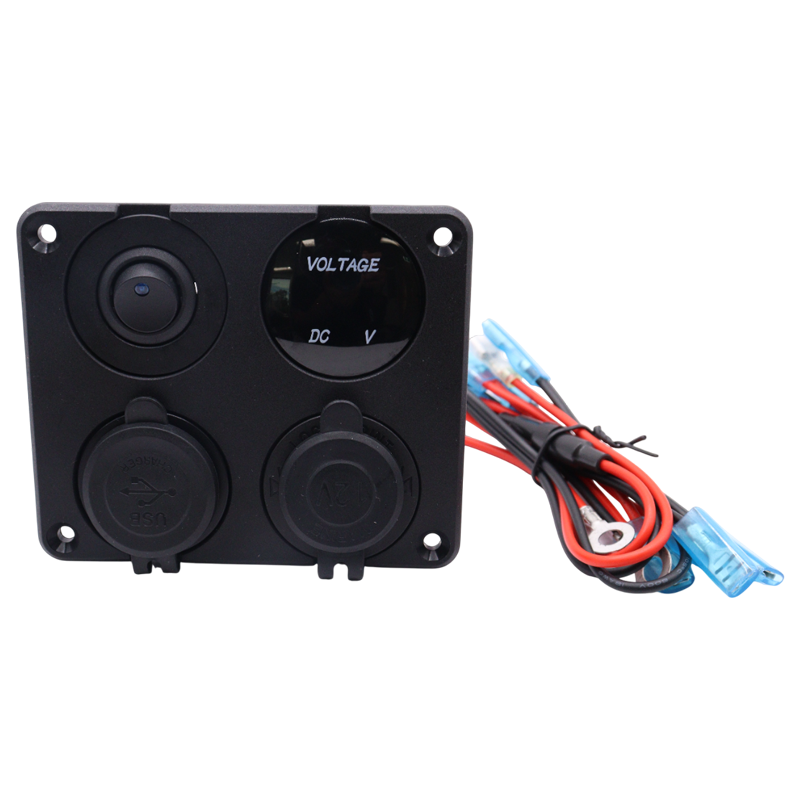 Front view of 4-gang panel with closed dust covers and included wiring harness