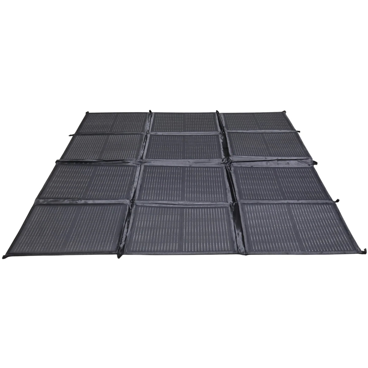 Perspective view of unfolded 300W solar blanket lying flat on a white surface