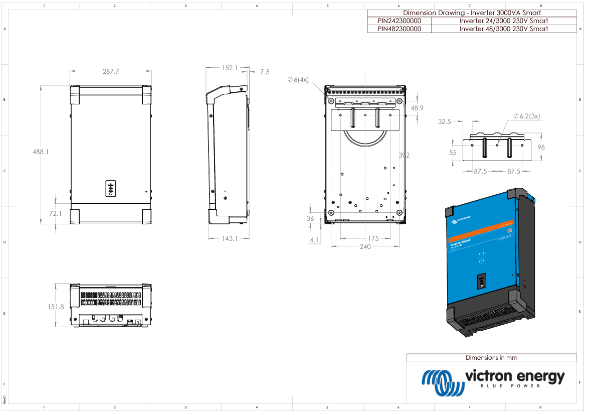 Engineering dimensional drawing for the Victron 3000VA Smart Inverter