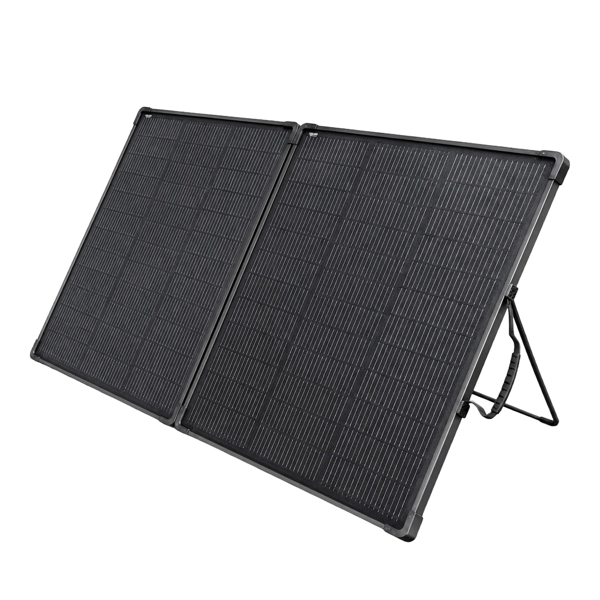 Unfolded 200W portable solar panel angled on its integrated kickstands for optimal sun capture