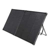 Unfolded 200W portable solar panel angled on its integrated kickstands for optimal sun capture