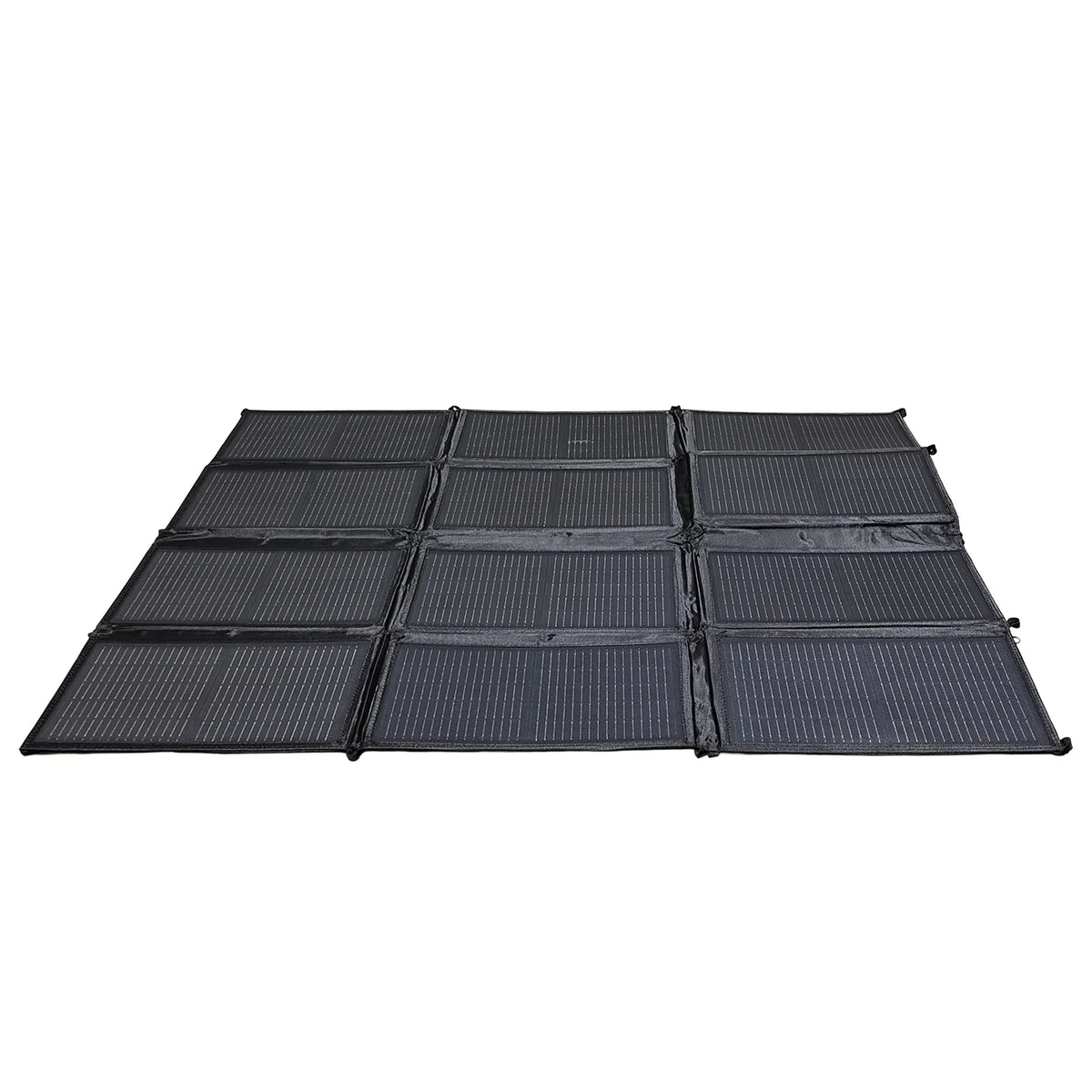 Low-angle view of the 200W solar blanket unfolded on a white background