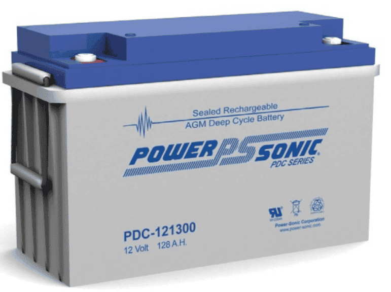 Power-Sonic 12V 128Ah AGM deep cycle battery with blue lid and dual terminals