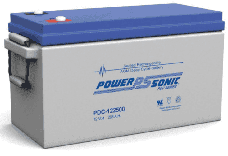 Power-Sonic 12V 268Ah AGM deep cycle battery with blue lid and heavy-duty rope handles