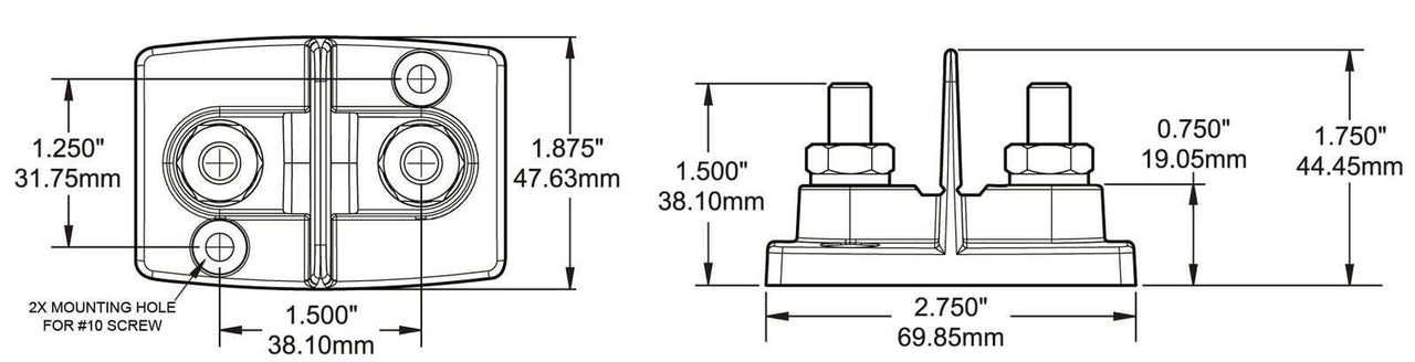 Technical dimension drawing showing top and side views with metric and imperial measurements