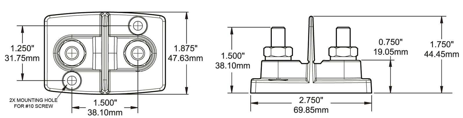 Technical dimension drawing showing top and side views with metric and imperial measurements
