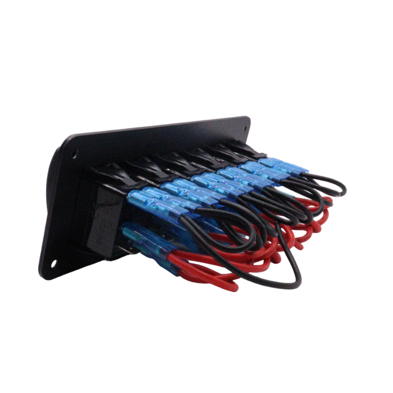 Rear view of panel showing pre-wired harness with red and black cables and blue connectors