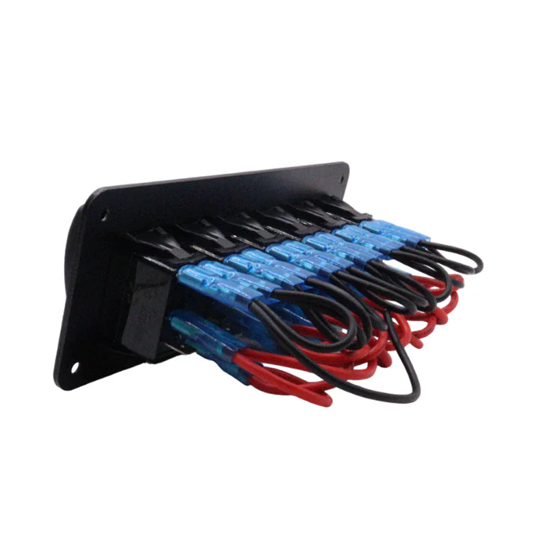 Rear view of panel showing pre-wired harness with red and black cables and blue connectors