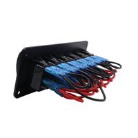Rear view of panel showing pre-wired harness with red and black cables and blue connectors