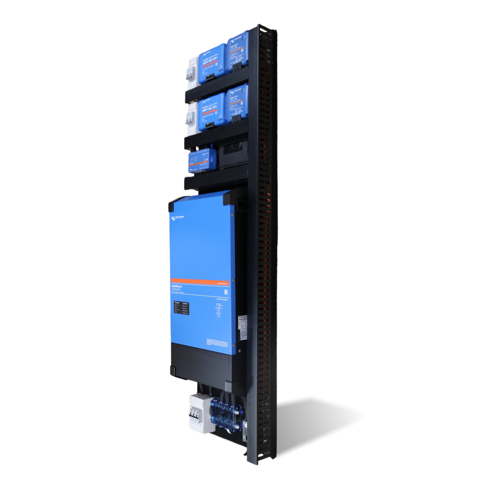 Angled side view of pre-wired Victron power board showing stacked components and cable ducting