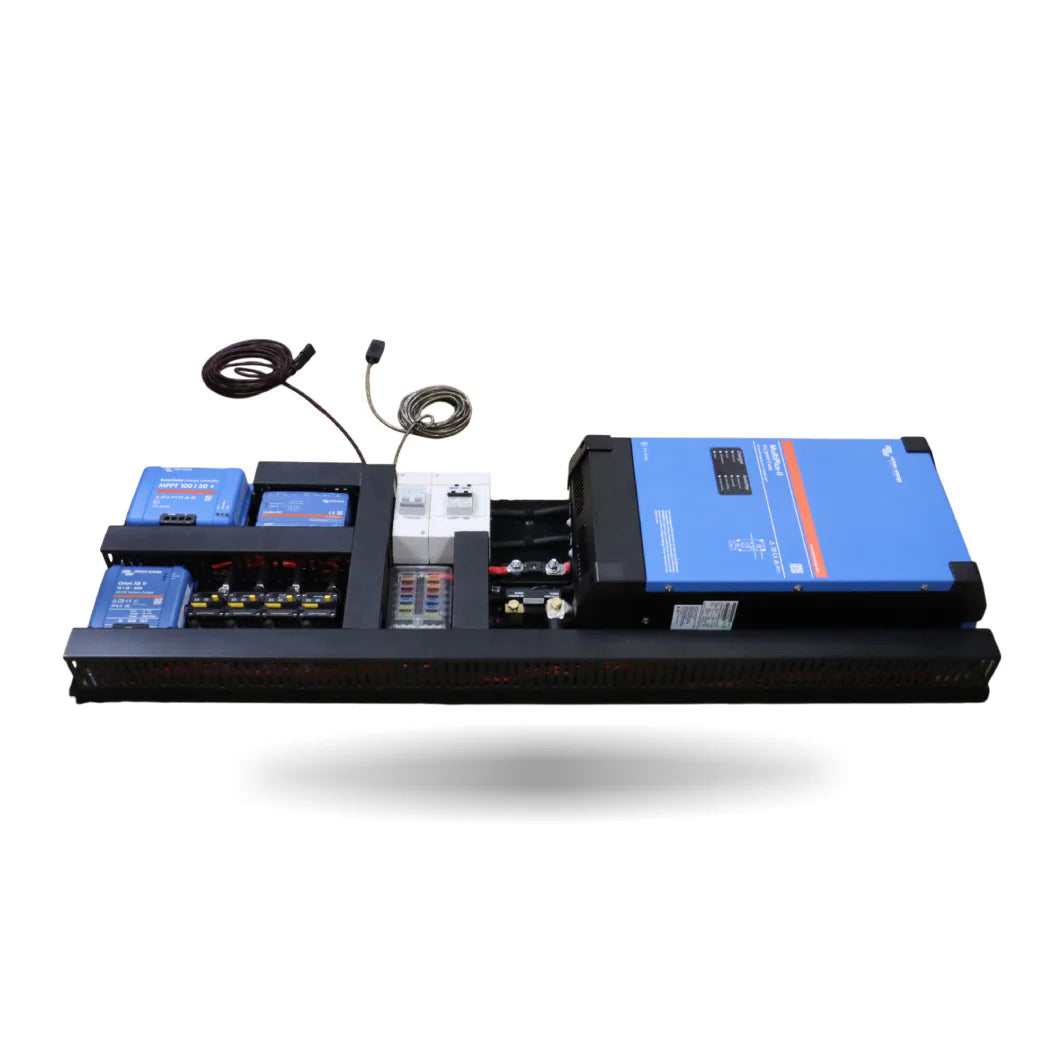 Angled view of Exotronic pre-wired Victron board featuring MultiPlus-II and DC charging components