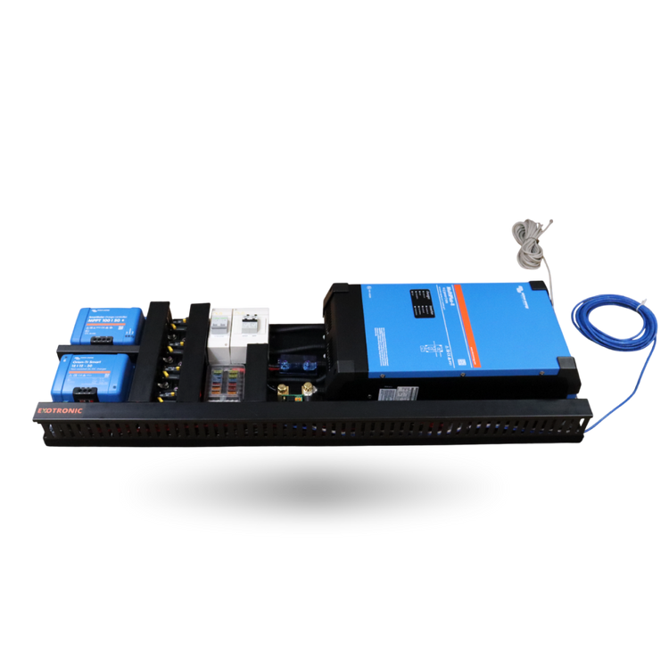 Exotronic pre-wired board with Victron MultiPlus-II, MPPT and DC-DC charger on black alloy chassis