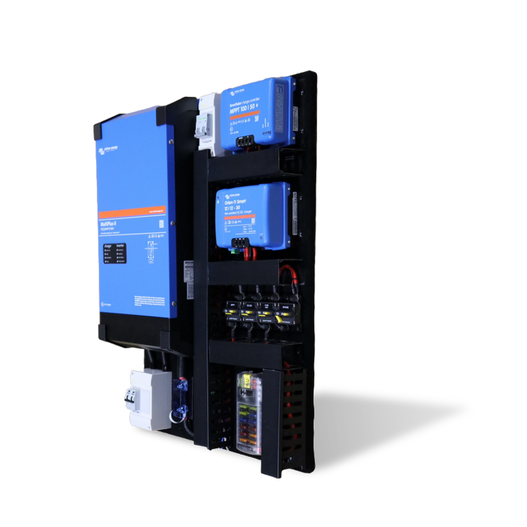 Side angled view of pre-wired Victron power board with inverter and chargers on a black background