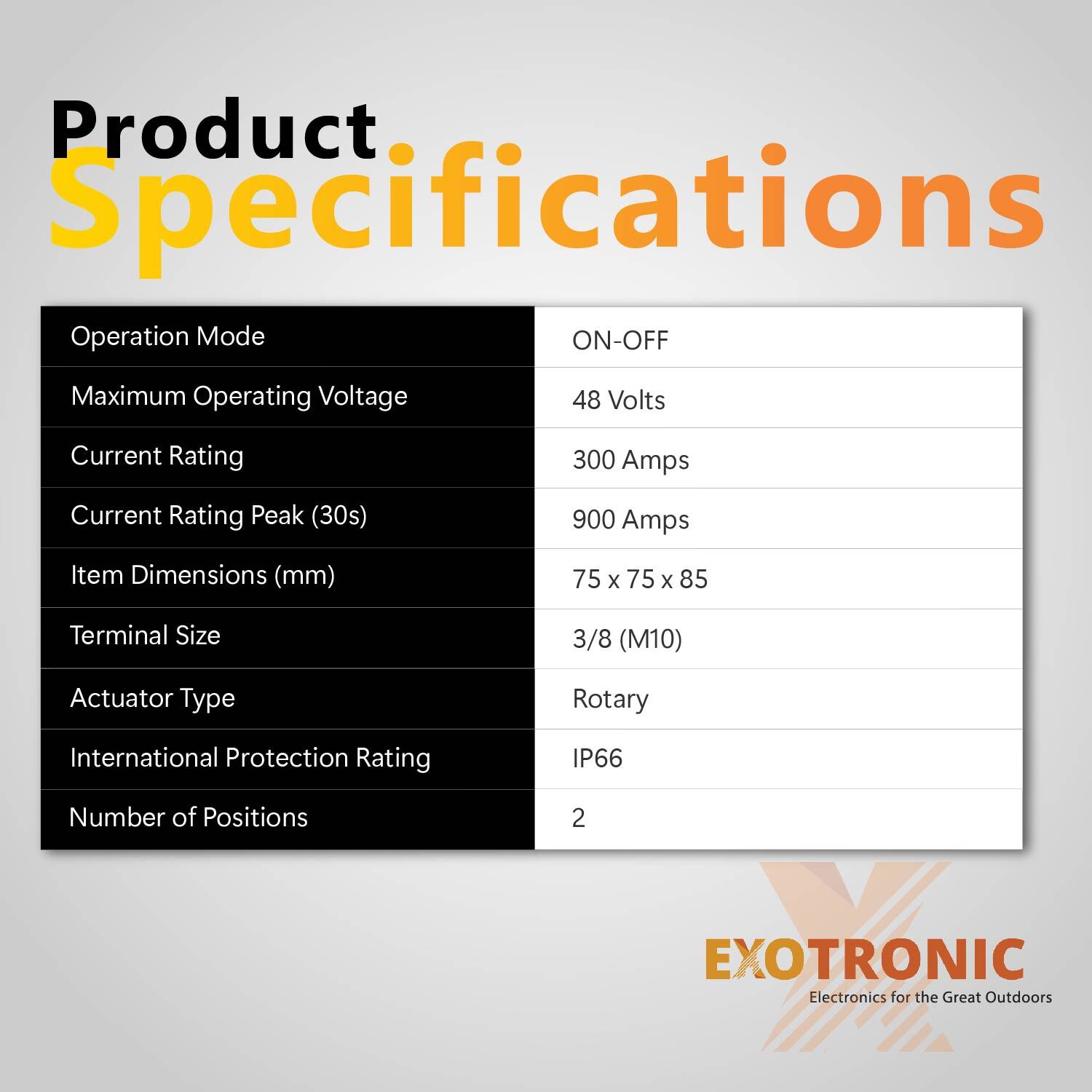 Product specifications table for Exotronic 300A switch including voltage and dimensions