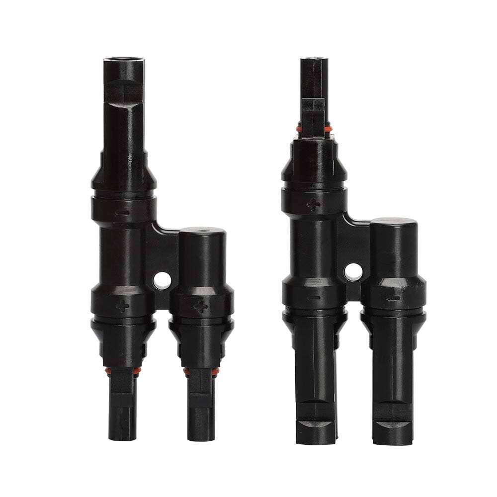 Top view of male and female solar branch connectors showing the rigid h-shape housing