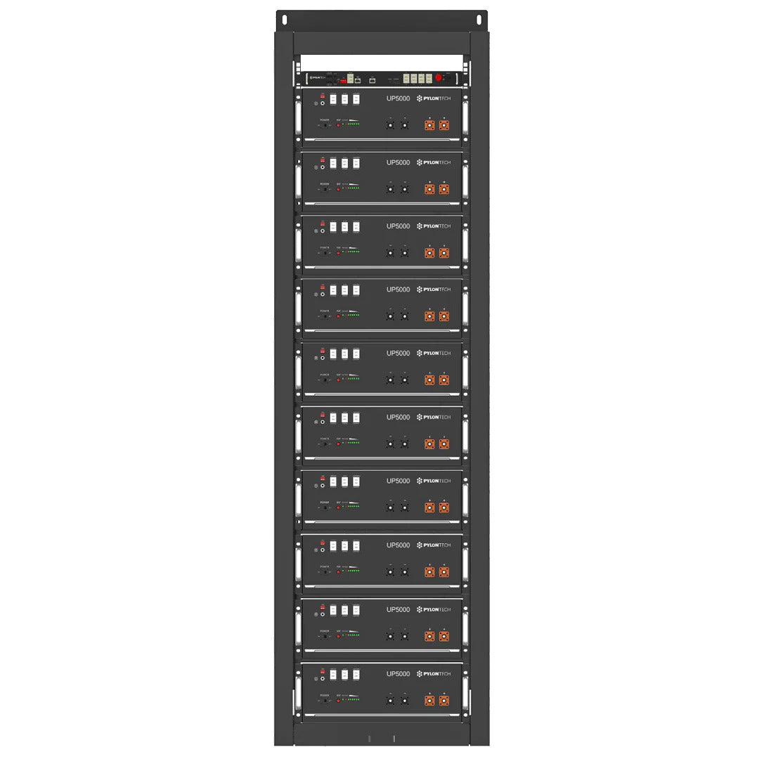 Pylontech black indoor open cabinet rack housing ten UP5000 battery storage modules