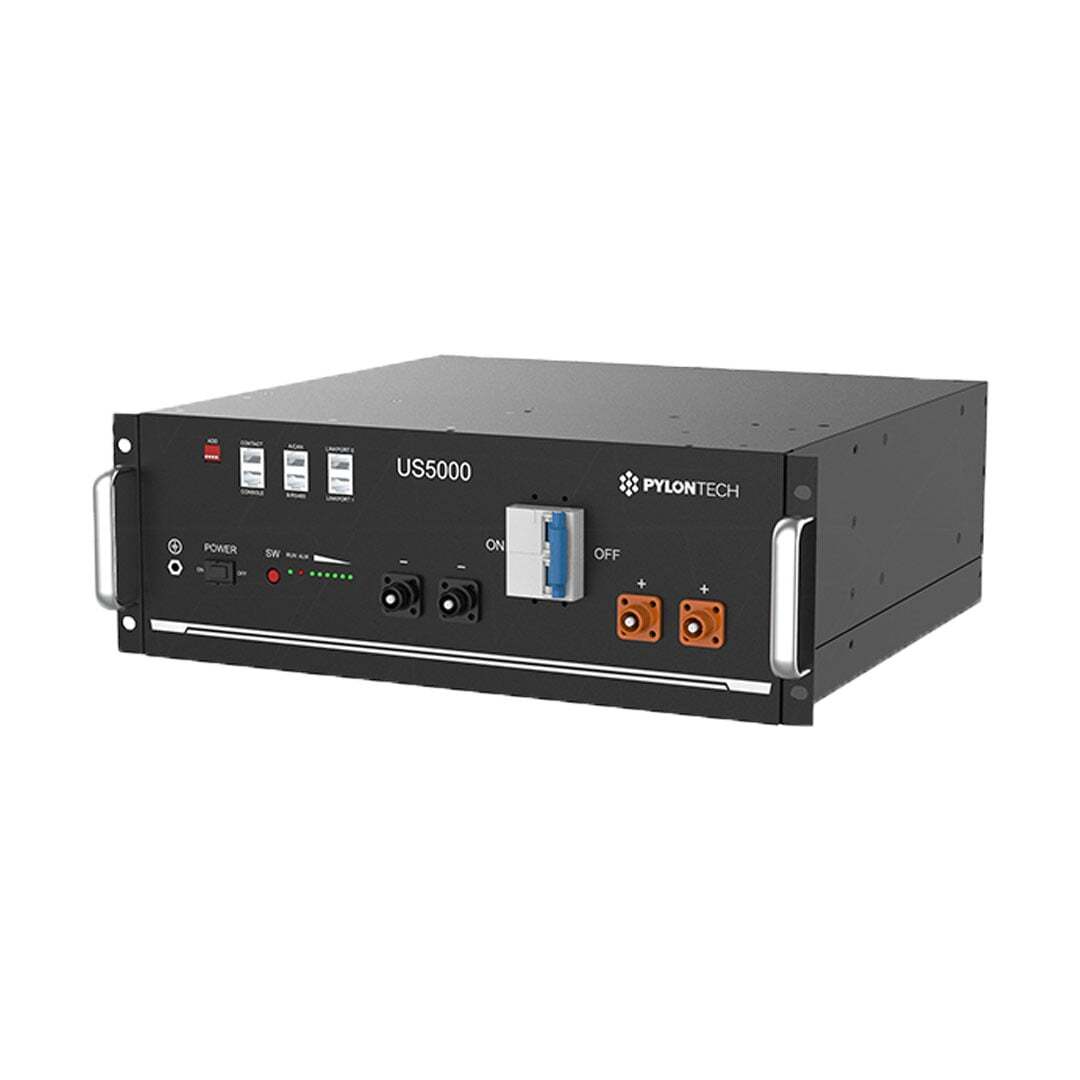Angled view of the Pylontech US5000-B 4.8kWh lithium battery with mounting ears and handles