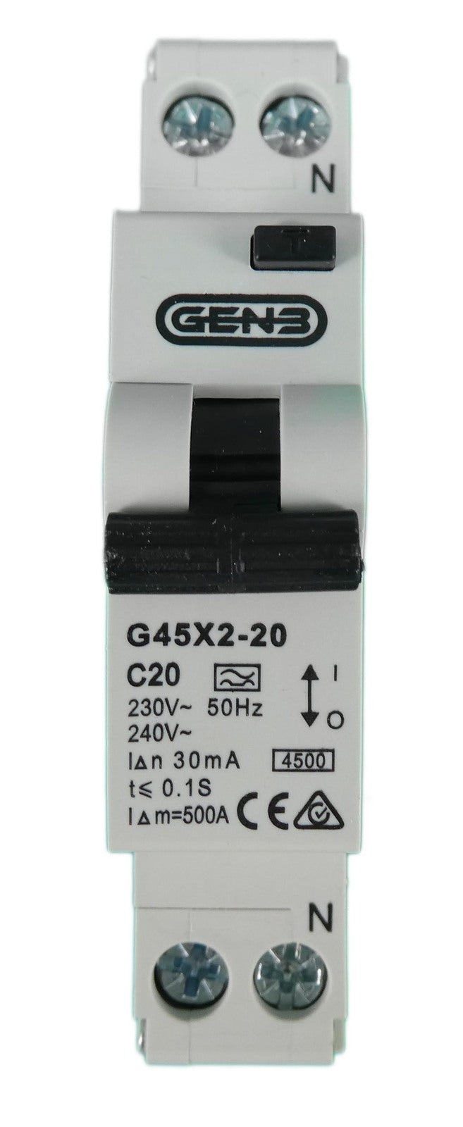 Front technical view of RCBO safety switch highlighting connection terminals and 30mA trip sensitivity rating