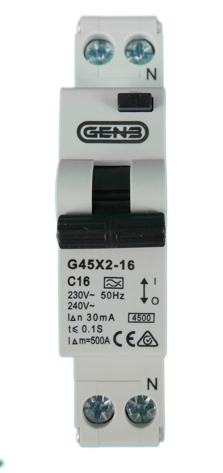 Front technical view of 16A RCBO showing wiring terminals, test button and C-curve specifications