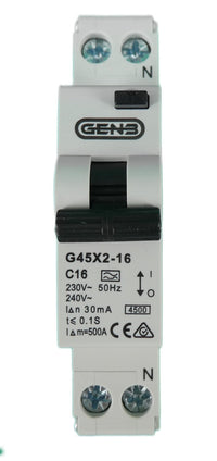 Front technical view of 16A RCBO showing wiring terminals, test button and C-curve specifications