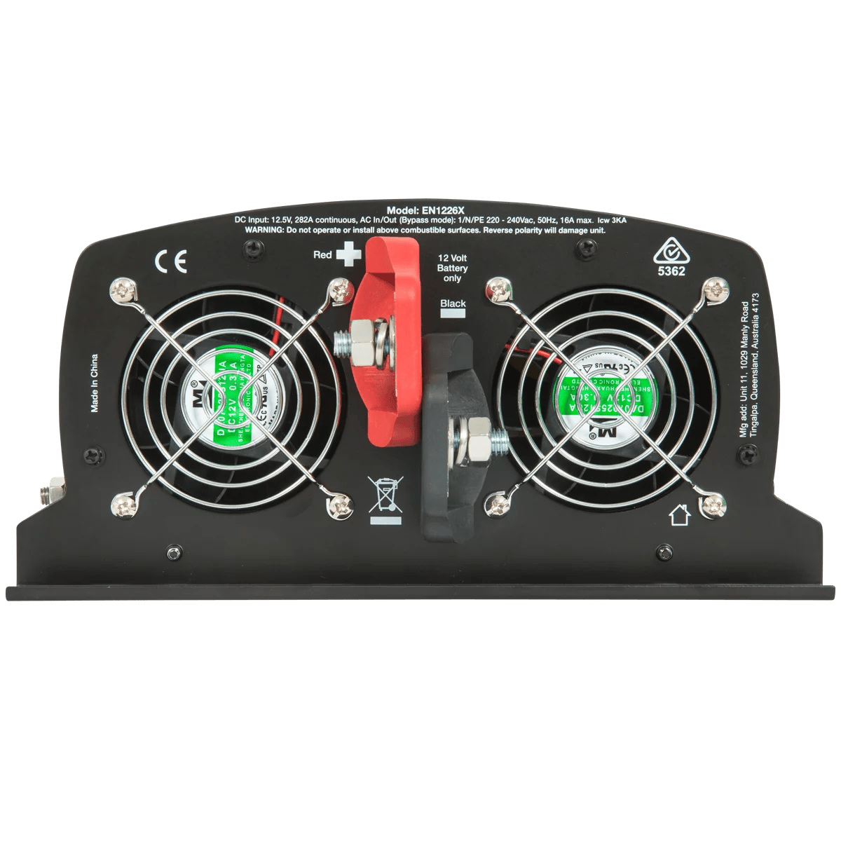 Rear panel of 12V inverter with dual cooling fans and DC input terminals